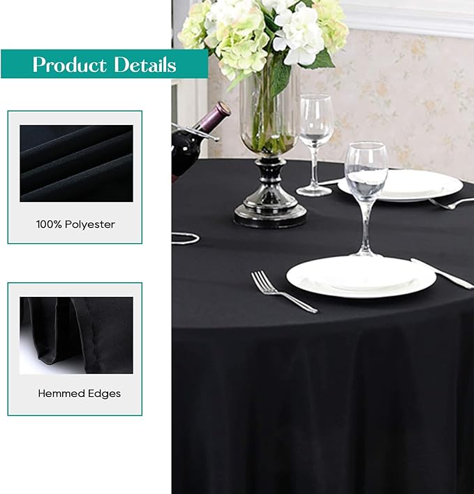 Surmente 132 inch Round Tablecloths -2 Pack Black Round Table Cloths, Polyester Fabric Table Covers for Wedding, Party, Banquet, or Restaurant
