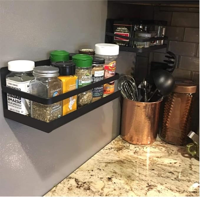 Magnetic Spice Rack Holder Paper Towel Holder with Hook for Refrigerator Fridge Organizer for Kitchen, Space Saver Container for Kitchen/Apartment, Drill Free, Black,3 Packs