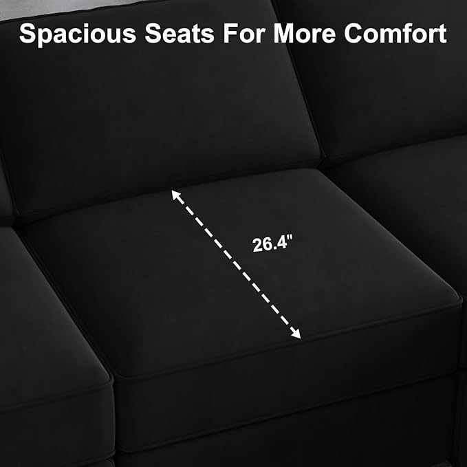 Belffin Modular Sectional Sofa Couch with Reversible Chaise Velvet L Shaped Couch Sofa with Storage 4-seat Convertible Sectional Sofas Black