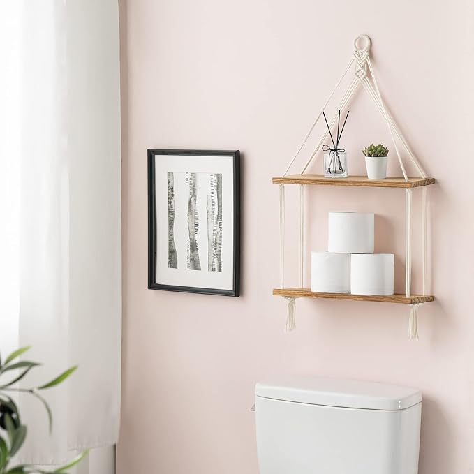 Mkono Macrame Hanging Shelf Boho Wall Decor 2 Tier Handmade Cotton Rope Rustic Wood Floating Shelves Display Photos Plants Hanging Storage Shelving for Living Room Nursery Bathroom Bedroom