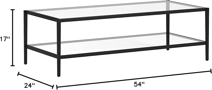 Henn&Hart 54" Wide Rectangular Coffee Table with Glass Shelf in Blackened Bronze, Modern coffee tables for living room, studio apartment essentials