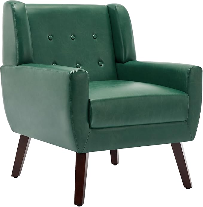 UIXE Faux Leather Accent Chairs Set of 4, Modern Arm Club Chair Upholstered Armchair for Living Room, Comfy Single Sofa Seats Button Tufted Reading Seating, Green
