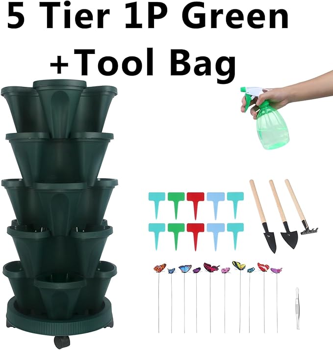 Vertical Planter, 5 Tier Stackable Strawberry Planter with Garden Tool Set, Movable Indoor/Outdoor Garden Herb Pot for Growing Vegetables and Succulents, Green