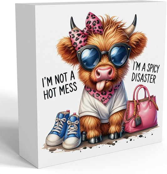 Funny Cute Highland Cow Baby Decor, Cow With Pink Bow, Highland Cow Gifts for women, Western Highland Cow Nursery Decor, Wooden Box Decor Sign for Home Farmhouse Office Living Room Table Shelf