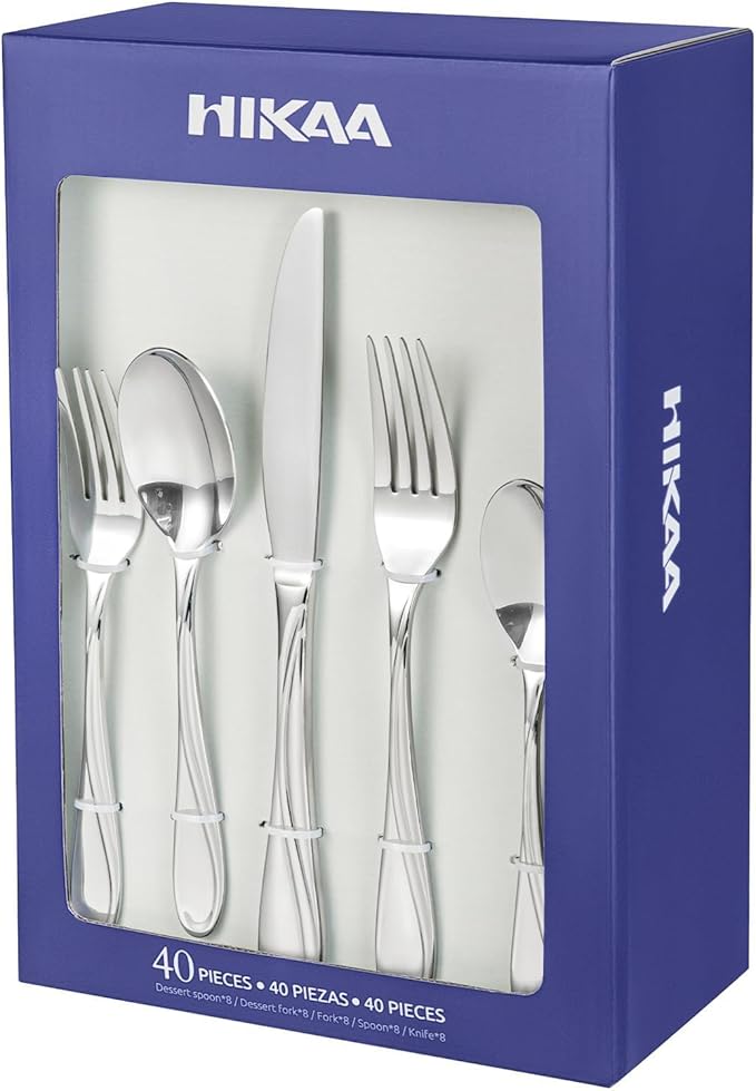 HIKAA Wave Design Silverware Gift Set for Wedding, 40-Piece Artistic Stainless Steel Flatware in Gift Box, Fibonacci Pattern Cutlery Set Service for 8, Mirror Polished