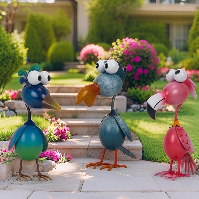 Kircust Outdoor Metal Bird Yard, Garden Decor for Outside Flamingo/Peacock/Pelican Decorations Art Statues, Lawn Ornaments for Courtyard, Patio, Backyard, Porch, Set of 3