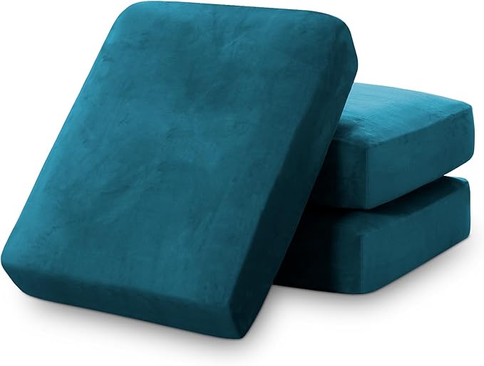 PrinceDeco Stretch Sofa Cushion Covers for Couches and Sofas,Soft Velvet Couch Seat Covers, Sofa Covers Washable, Seat Cushion Cover for 3 Couch Sofa Pet Friendly - Deep Teal, Each Width Up to 29.5"