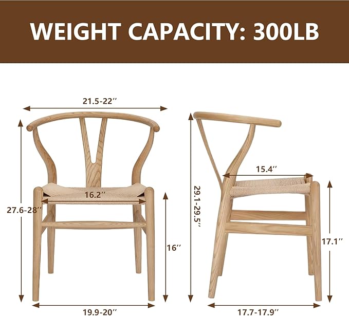 Wishbone Chair Natural Solid Wood Dining Chair/Hans Vegner Y Chair Rattan and Wood Accent Armrest Chairs (Ash Wood + Natural Color)