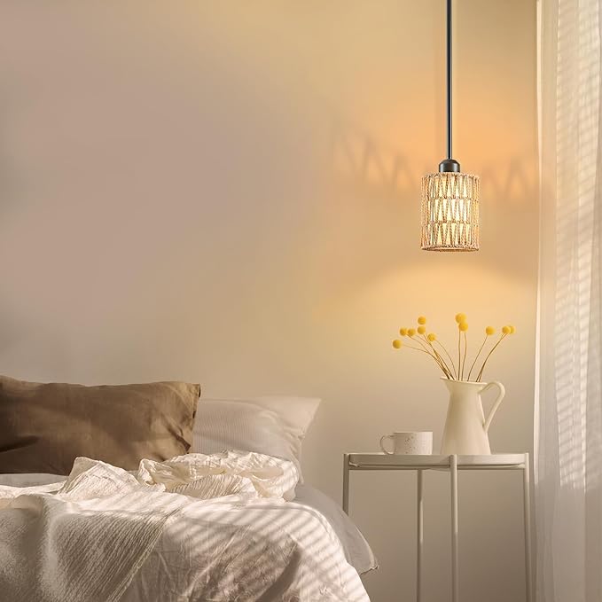 Pendant Light Boho Hanging Lamp, Rattan Hanging Lights with 2 in 1 Linen & Woven Shade, Ceiling Light Fixtures for Kitchen Island, Dining Room, Farmhouse, Bedroom (1 Pack)