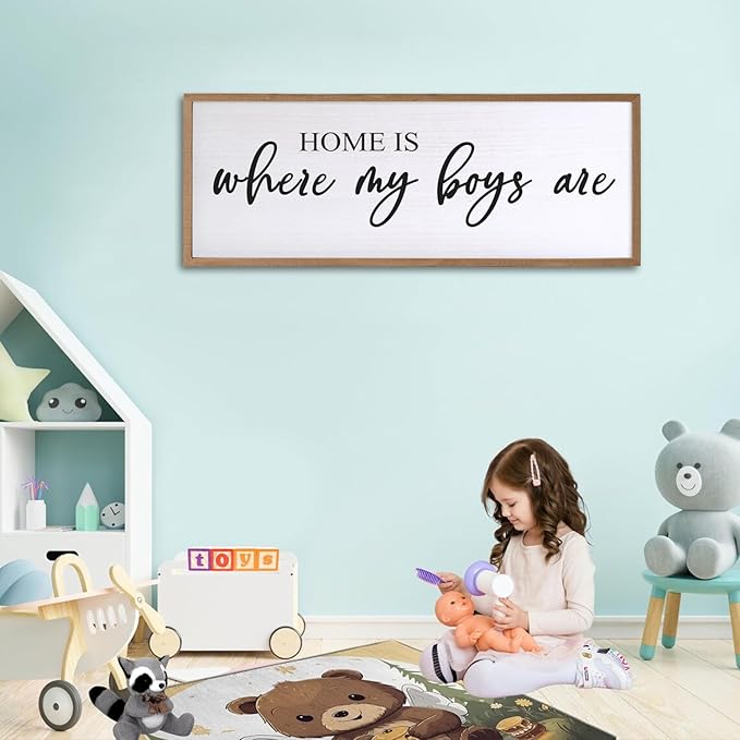 Home is Where My Boys are Sign Framed Wall Art, 40''×15'' Rustic Horizontal My Son Plaque with Natural Frame for Baby Kid Boy Son Teen Toddlers Room, Horizontal Mom of Boys Gifts Nursery Decor