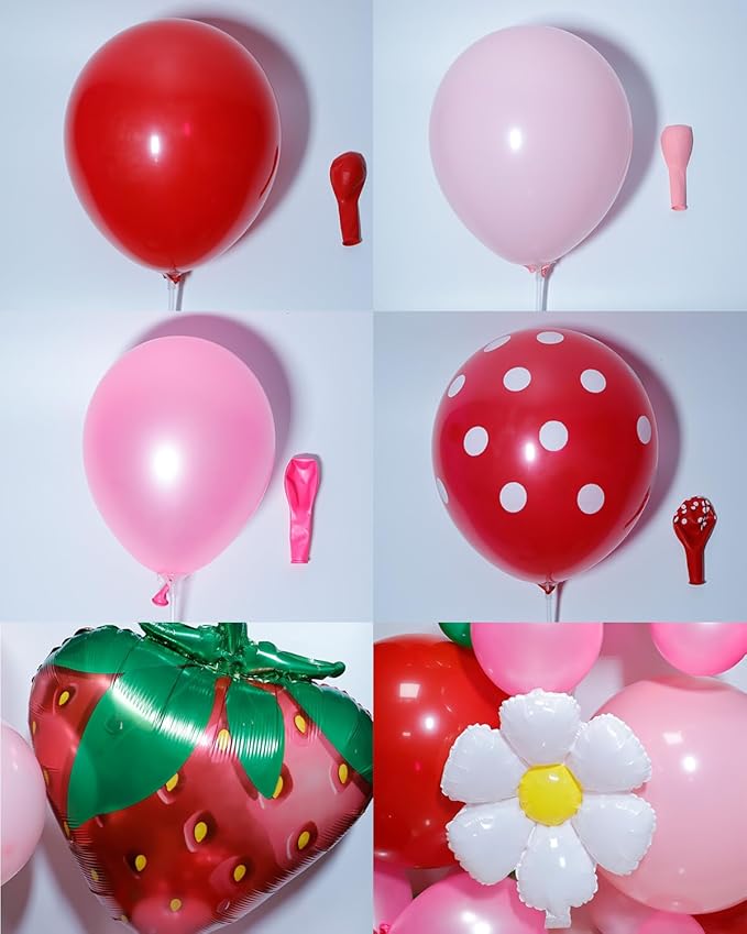 Strawberry Balloons Arch Garland Kit, 135PCS Red and Pink Balloons with Strawberry Daisy Foil Balloons for Sweet Girl Berry First Birthday Decor Baby Shower Themed Party Decorations