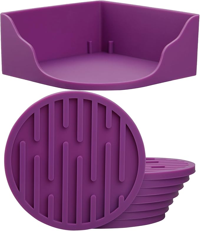 Coasters for Drinks & Coffee Table, Silicone Cup Coasters Set 8 with Holder, Cute Soft Cool Bar Coaster Dia 4 Inch, Beer Funny Coaster for Tabletop, Desk and Outdoor Purple
