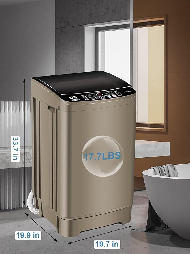 17.7 lbs Full Automatic Washing Machine with LED Display Compact Washing Machine with Drain Dump, 10 Wash Programs and 8 Water Levels Ideal for Dorms, Apartments, RV, Gold, KB03 GOLD6-3