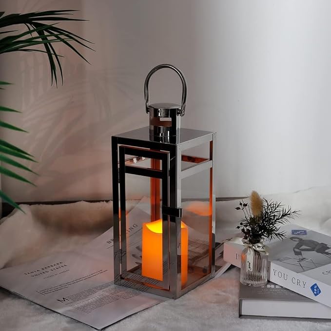 TRIROCKS Set of 2 Stainless Steel Decorative Lantern 12'' High Metal Hanging Lantern with Clear Glass Panels Perfect for Home Decor Living Room Parties Events Tabletop Indoors Outdoors (Silver)