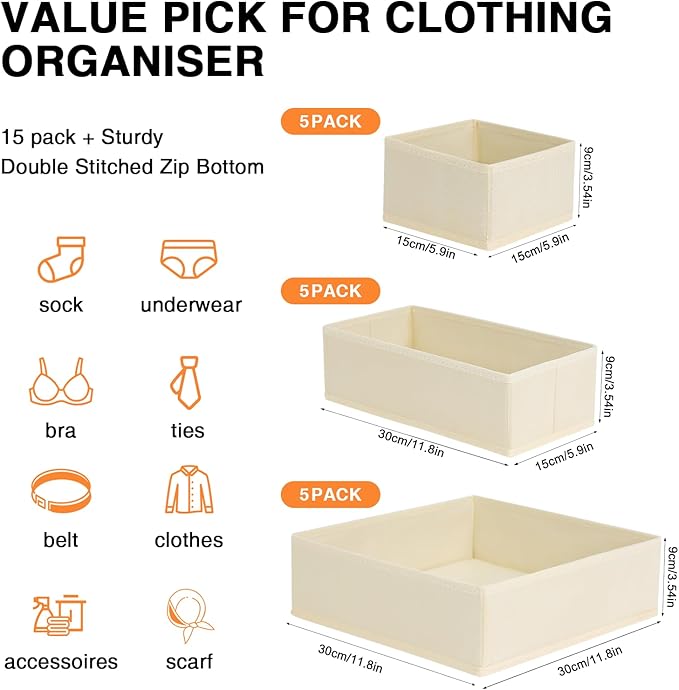 DIMJ Drawer Organizer Clothes 15 Pack - Foldable Baby Organizers and Storage & Dresser Organizer for Bedroom, Closet - Nursery Organization Dresser Dividers for underwear, Sock,Bra, Belt, Tie, Beige
