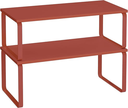 SONGMICS Cabinet Organizer Shelf, Set of 2 Kitchen Counter Shelves, Kitchen Storage, Spice Rack, Stackable, Expandable, Metal and Engineered Wood, Mandarin Red UKCS200Y02