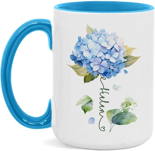 Custom Hydrangea Blossom Design Mug, Personalized Name Blue Flower Coffee Cup, Customized Flower Ceramic Mug For Floral Lover, Hydrangea Decorative Cup 11oz Or 15oz, Gift For Birthday
