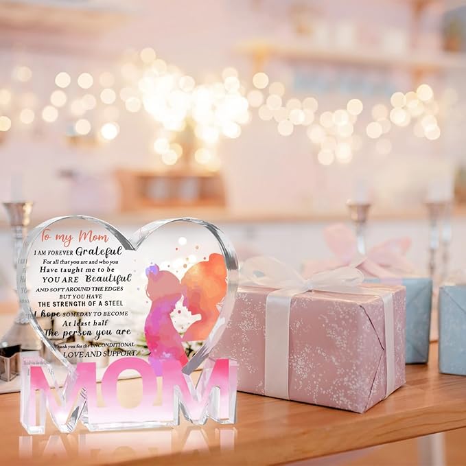Mothers Day Gifts Best Mom Gifts -Gifts for Mom from Daughter Son - Best Mom Ever Gifts Unique Mother Birthday Acrylic Heart-Shaped Plaque Desk Decorations Present for Mom Christmas Anniversary