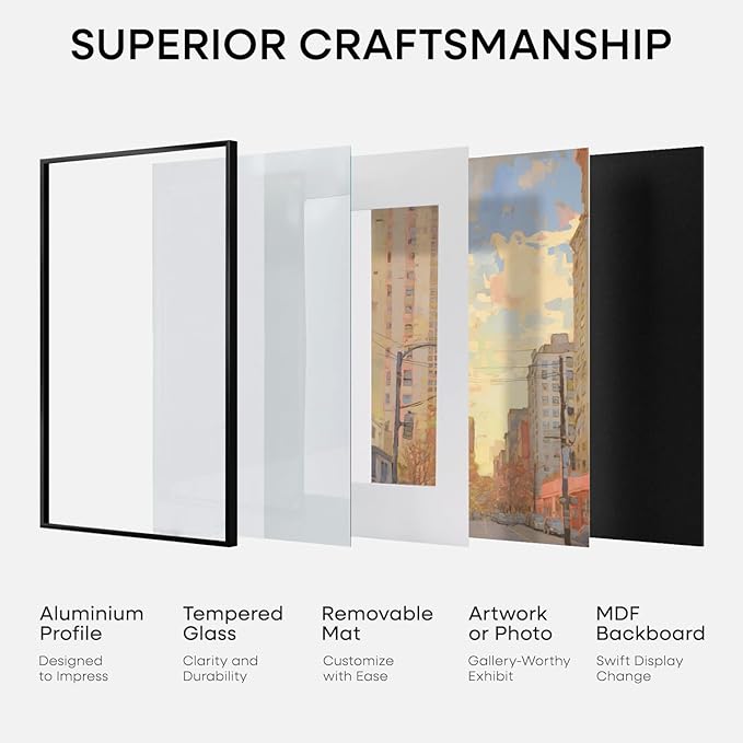 Homeforia 10x10 Black Picture Frame, High End Metal 10 by 10 Square Frames with Mat 8 x 8 Opening, 10by10 Poster Frames Matted to 8x8 Photo, Wall or Tabletop Frames, Tempered Glass, Wall Kit, Set of 1