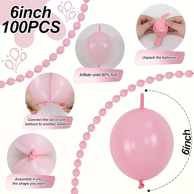 Pastel Pink Linking Balloons, 100PCS 6 Inch Small Baby Pink Link Balloons for Making Balloon Wall Heart Arch, Quick Linked Balloon for Girls Wedding Birthday Baby Shower Valentine's Party Decorations