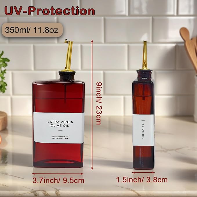 Olive Oil Dispenser Bottle for Kitchen - 11.8oz Dark Glass UV Protection, Oil and Vinegar Dispenser Set, Drip-Free Pourer, Kitchen Essential, 11.8oz, Set of 2