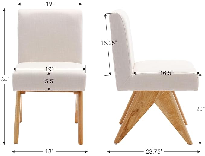 Mid Century Modern Farmhouse Dining Chairs Set of 2, Upholstered Armless Kitchen Chairs with Back and Wooden Legs, Linen Beige