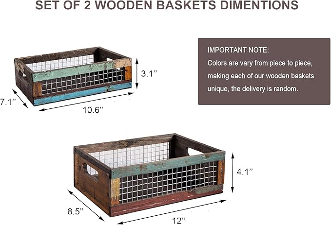 TIMRIS Set of 2 Rustic Wooden Countertop Baskets, Farmhouse Distressed Nesting Boxes, Small Decorative Wooden Storage Crates, Reclaimed Wood Organizer Baskets with Wire Mesh (Random)