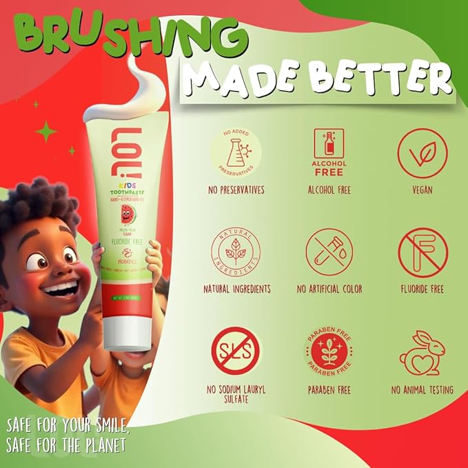 LOL Kids Toothpaste No Fluoride, Nano Hydroxyapatite Toothpaste, Probiotics, Xylitol Tooth Paste Kids | Remineralizing | Natural | Plant-Based Foam | Pasta De Dientes para Niños (Watermelon)
