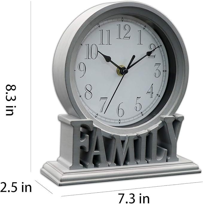 6.5 Inches Table Clock, Vintage Non-Ticking Family Mantel Desk Clock Battery Operated with Quartz Movement HD Glass for Kids Bedroom Living Room Office (Distressed Grey)