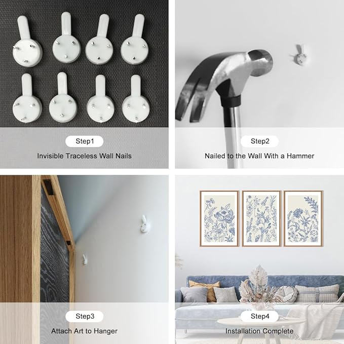 HPINUB Classic Chinoiserie Floral Framed Canvas Wall Art Set,Watercolor Blue and White Botanical Flowers Wall Decor,Navy Blue Minimalist Wildflower Art Print for Living Room,Bedroom,Office-16 x24 x3