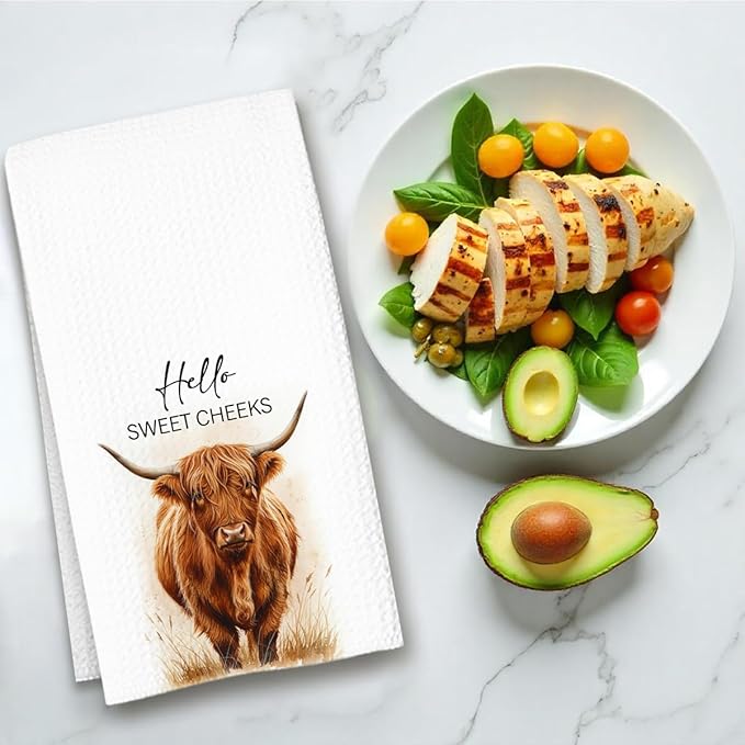 Highland Cow Farmhouse Hand Towels for Bathroom Kitchen Decor | Waffle Weave Microfiber Dish Towel Set | Hello Sweet Cheeks Farmhouse Cow Decorative - A01