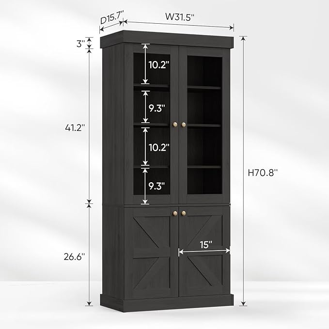 Vyre 71" Tall Farmhouse Bookshelves with Glass Doors, Set of 4 – Large Modular Bookcase with Adjustable Shelves, Storage Cabinet for Living Room, Kitchen, Home Office, Black
