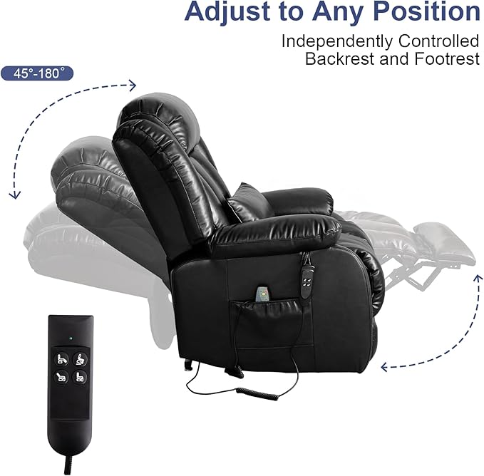 MAEVIS Large Genuine Leather Power Lift Recliner Chair, Dual Motor Recliner for Elderly,Extended Footrest and Lumbar Pillow for Tall Man,with Heat and Massage, USB and Type-C Ports(Black)