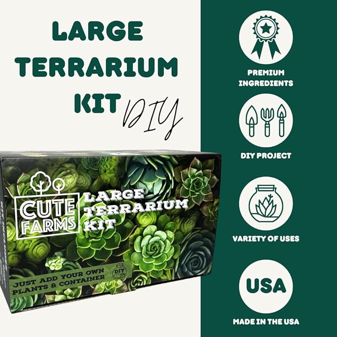 Cute Farms Terrarium Starter Kit | Moss, Vermiculite, Soil, Pebbles, Plant Food, Finishing Tools, Build and Care Guide | DIY Succulent Terrarium for Adults and Kids (Large)