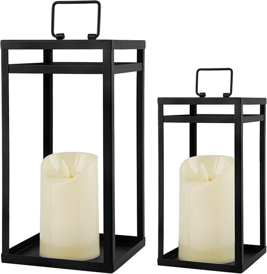 Modern Farmhouse Lantern Decor, 2Pcs Metal Candle Lanterns with Flameless Candles Black Decorative Lantern for Front Porch Covered Patio Dining Table Entryway Table Wedding Home Decor
