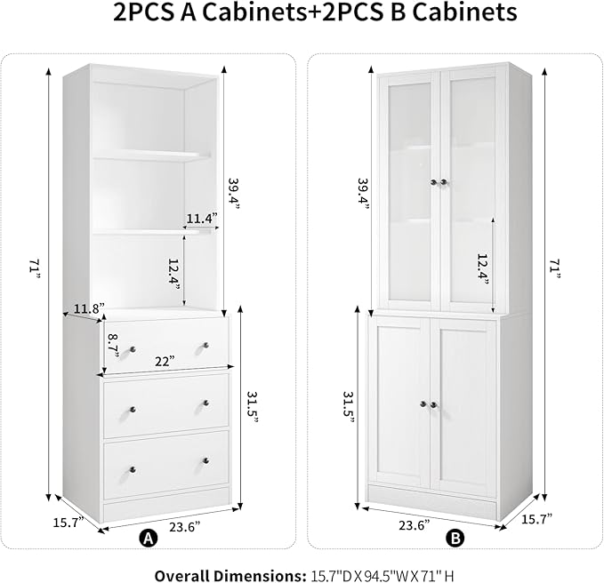 TUSY 71" Bookshelf Bookcase, 3-Tier Modern Bookshelves 3 Large Drawer, Wood Filing Cabinet with Open Storage Shelf, Glass Doors 5-Tier Fixed Storage Shelves for Home Office