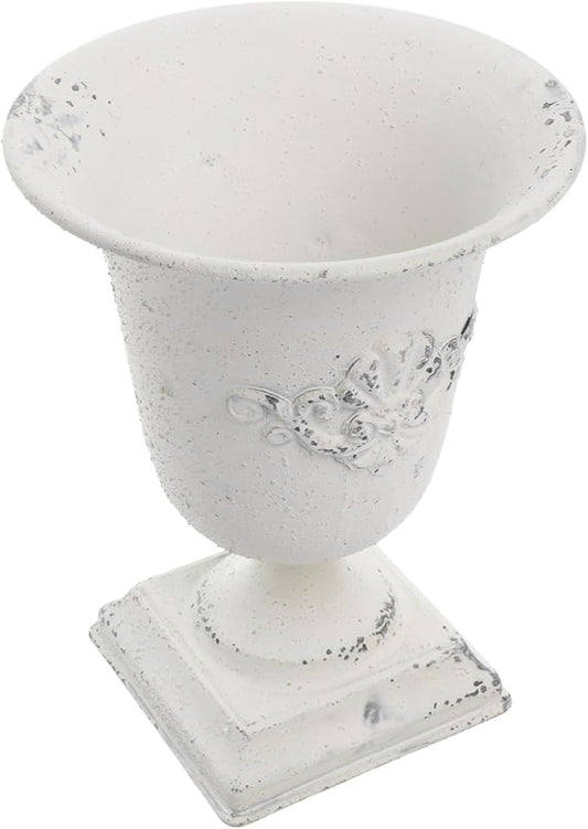 POPETPOP Tall Urn Vase Retro White Metal Urn Planter Pedestal Flower Pot Rustic Farmhouse Flower Holder for French Country Style Home Table Centerpiece Decor,5.9x5.9x7.47 inches