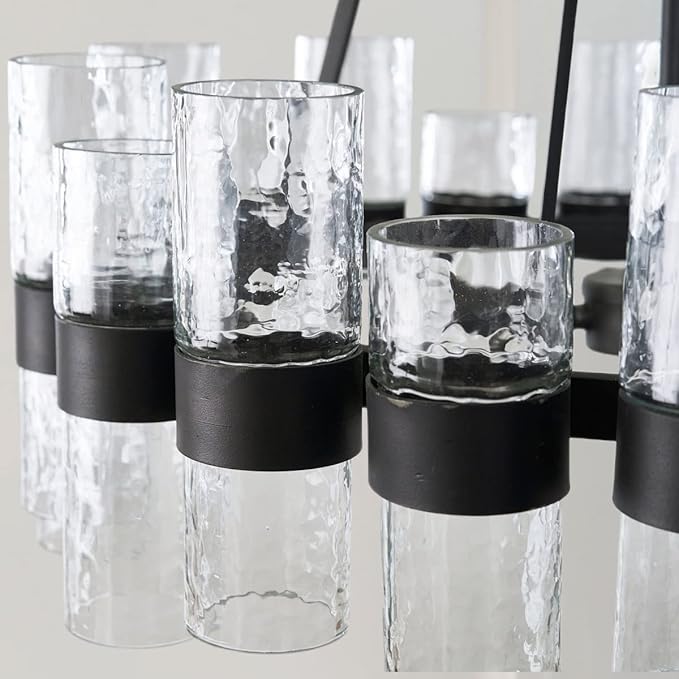 Round Black Glass Wagon Wheel Chandelier, Chandelier with Water Ripple Textured Recycled Clear Glass Piece, Modern Industrial Pendant Light with Metal Frame, Lighting Fixture for Living Room, Foyer