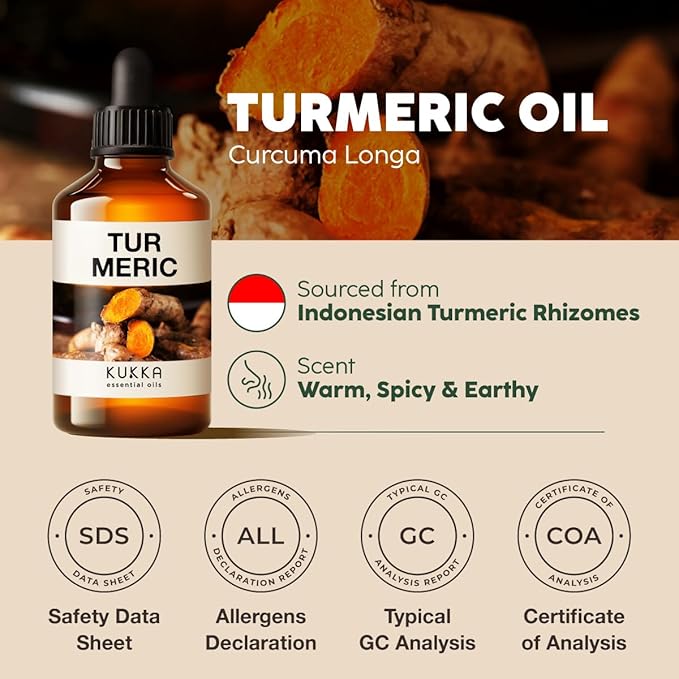 Kukka Turmeric Oil for Skin - 4 Fl Oz - 100% Pure Natural Turmeric Essential Oil, Herbaceous Scent, for Face, Hair, Aromatherapy, Candle & Soap Making Scent DIY