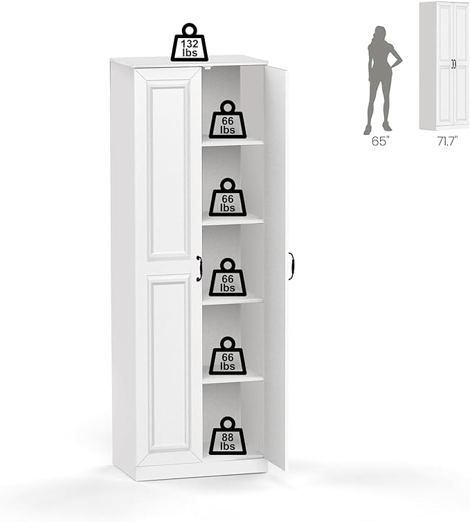 Storage Cabinet/Pantry cabinets, Soft White Finish, 71" Tall Wood Cupboard with 2 Door and 3 Adjustable Shelves for Kitchen, Dining Room, Living Room, Bathroom (Style 1)