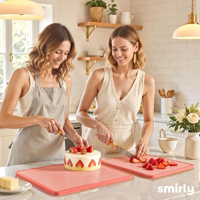 SMIRLY Plastic Cutting Board Set with Holder 3 Pieces, Non-Slip Dishwasher Safe Chopping Boards for Kitchen, Pink