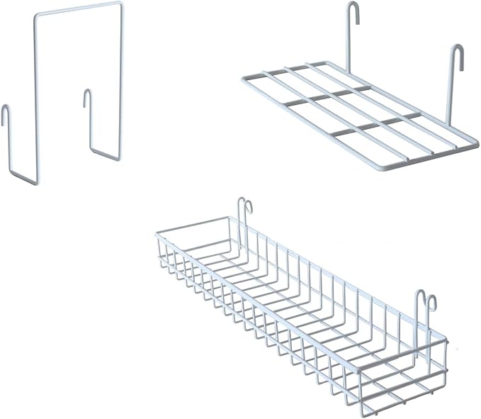 FRIADE Wall Grid Panel Hanging Basket with Hooks,Bookshelf,Display Shelf,Wall Organizer and Storage Shelf for Home Supplies,1 Set of 3 (White)