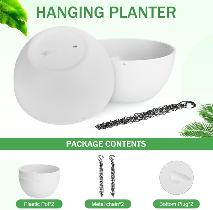 10 inch Hanging Planters for Indoor Plants, 2 Pack Planters for Outdoor Plants with Drainage Holes and Chain, Round Plastic Hanging Baskets, Hanging Flower Pots for Balcony Garden Decor-White
