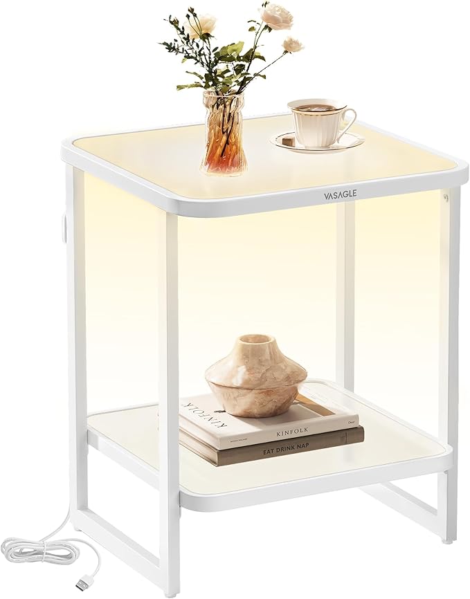 VASAGLE End Table, 2-Tier Side Table with LED Lights, Modern Nightstand, Square Bedside Table, Frosted Glass, Bottom Shelf, for Bedroom, Cloud White and Pearl White ULET232W01