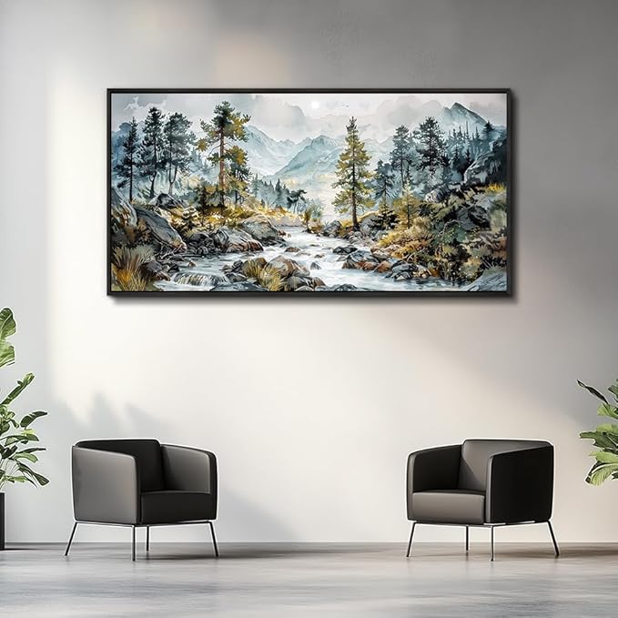 PHAOHUAXM Large Canvas Printing Artworks Wall Art For Bedroom Wall Decor For Living Room Office Home Decor Rivulet View Painting Forest Tree Landscape Watercolour Pictures Black Framed 30x60 In