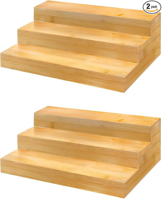 Spice Rack Organizer for Cabinet - Bamboo Spice Shelf, 3 Tier Seasoning Organizer for Countertop, Kitchen, Pantry 2 Pack