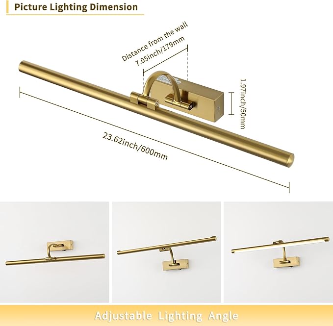 Wireless Picture Lights with Remote and Timer Rechargeable Brass Gallery Lighting Battery Operated Art Lights Over Frame Portrait 5W 24'' Inch Warm White