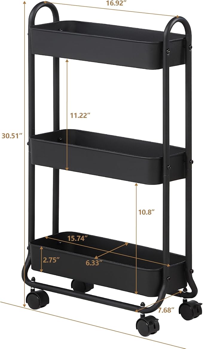 SunnyPoint Slim Rolling Storage Cart, 3 Tier Bathroom Storage Organizer Bathroom, Laundry Utility Cart (Black)
