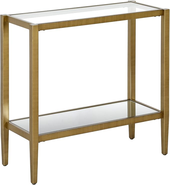 Henn&Hart 24" Wide Rectangular Side Table with Glass Shelf in Antique Brass, Table for Living Room, Bedroom