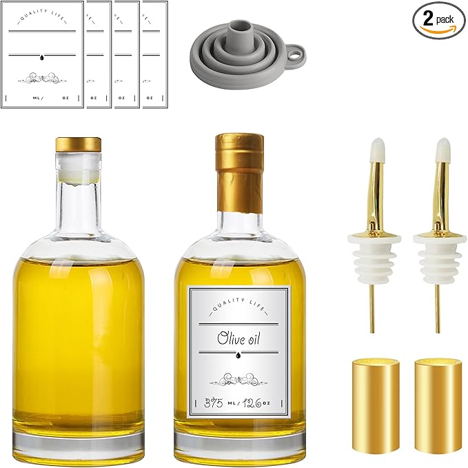 Olive Oil Dispenser Bottle for Kitchen, Clear Glass Oil and Vinegar Dispenser Set, Coffee Syrup Dispenser, Container With Metal Pour Spout, Airtight Lid, Funnel, Waterproof Labels (375ml-2 Pack)